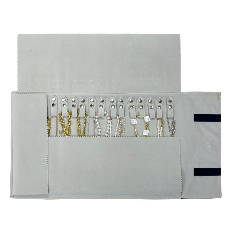 UnionPlus Velvet Travel Jewelry Roll Bag Organizer for Necklace, Elastic Band and Anti-winding, Black and Gray - Image 4